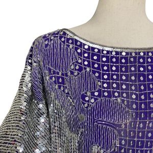 Vintage Sequin Top Silver On Purple Silk Extra Sparkly EVC By Neusteters Size L